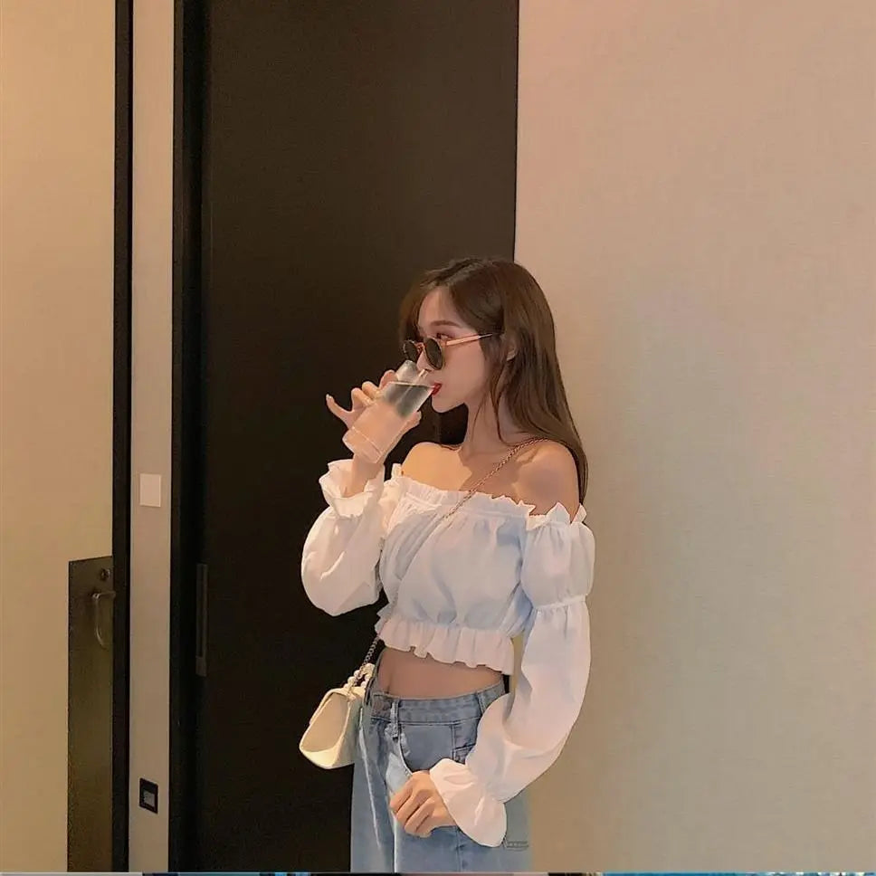 top corto con volantes y mangas abullonadas, top de tubo de verano