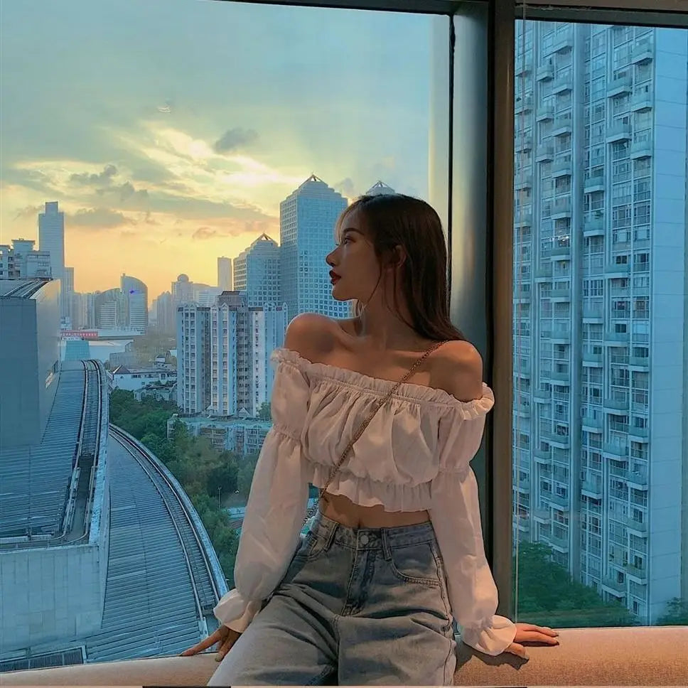 top corto con volantes y mangas abullonadas, top de tubo de verano