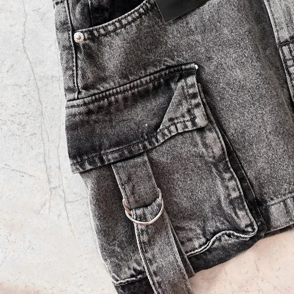 Falda vaquera a cuadros con múltiples bolsillos Harajuku