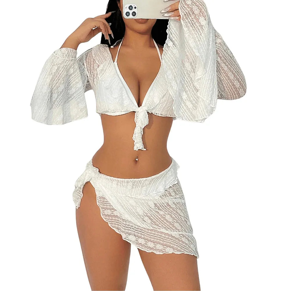 Conjunto de bikini de 4 piezas con cuello halter y triángulo