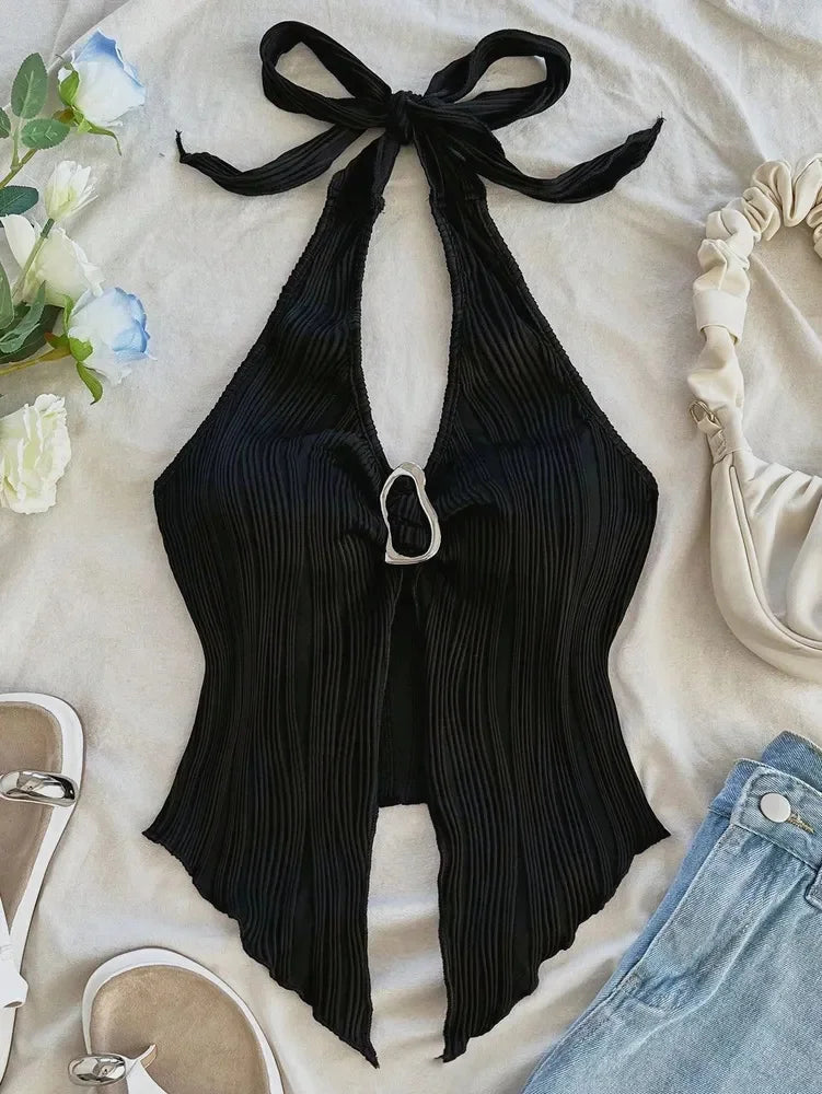 Top corto sexy con cuello en V y cuello halter