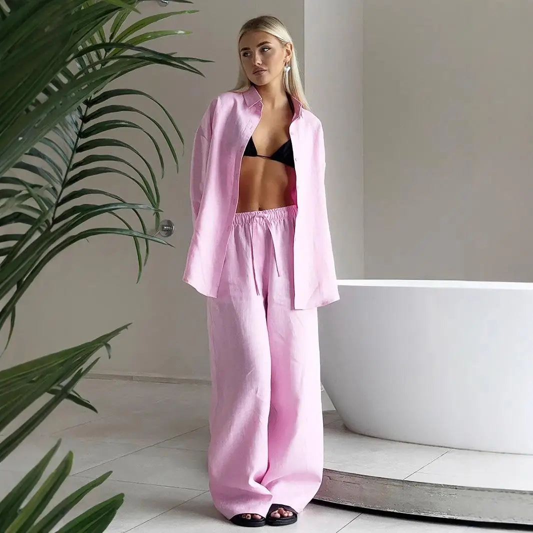 Conjunto de pantalón de lino y algodón liso informal