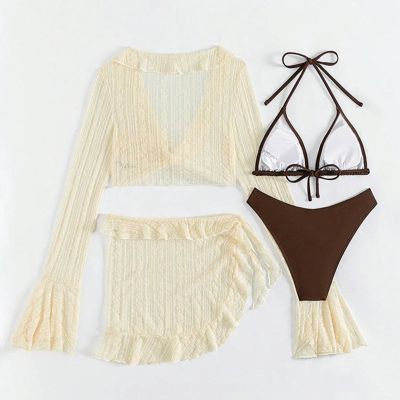 Conjunto de bikini de 4 piezas con cuello halter y triángulo