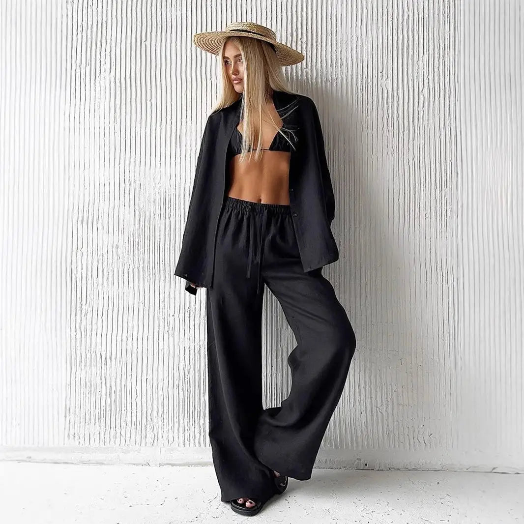 Conjunto de pantalón de lino y algodón liso informal