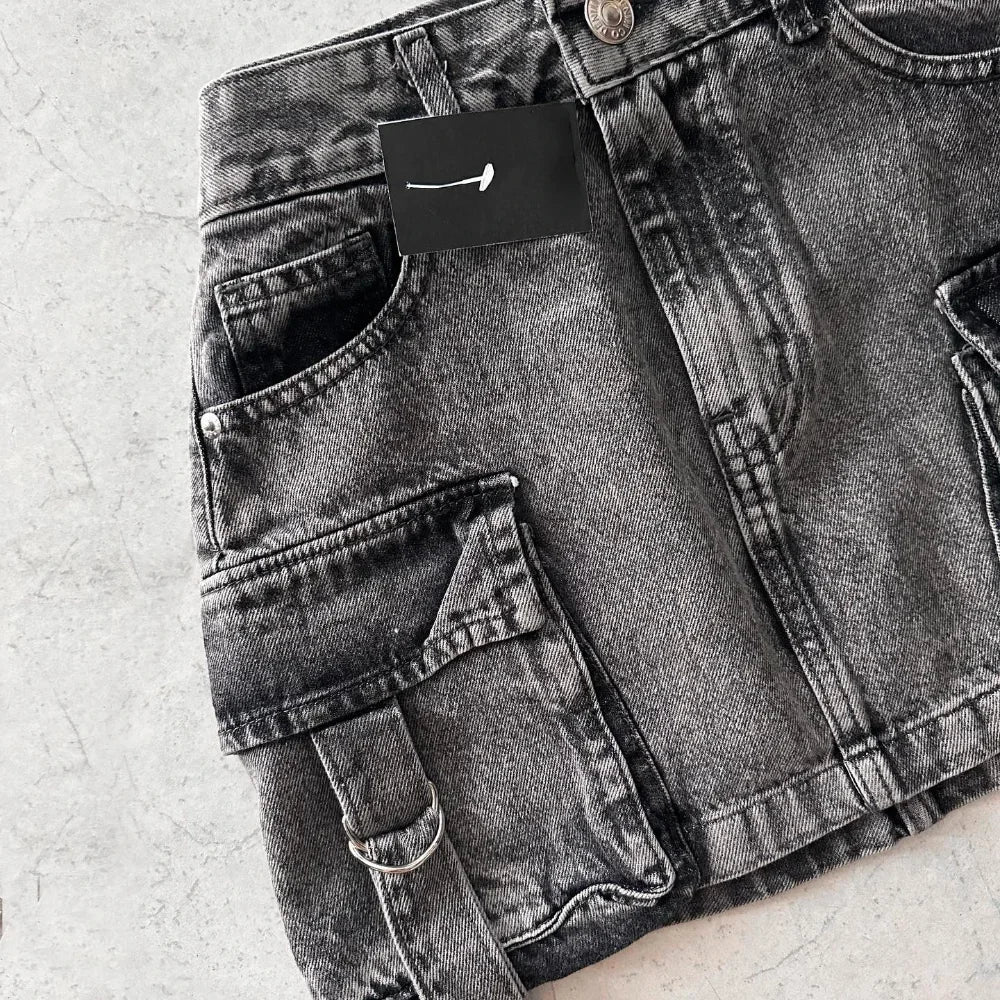 Falda vaquera a cuadros con múltiples bolsillos Harajuku