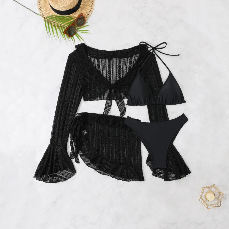 Conjunto de bikini de 4 piezas con cuello halter y triángulo