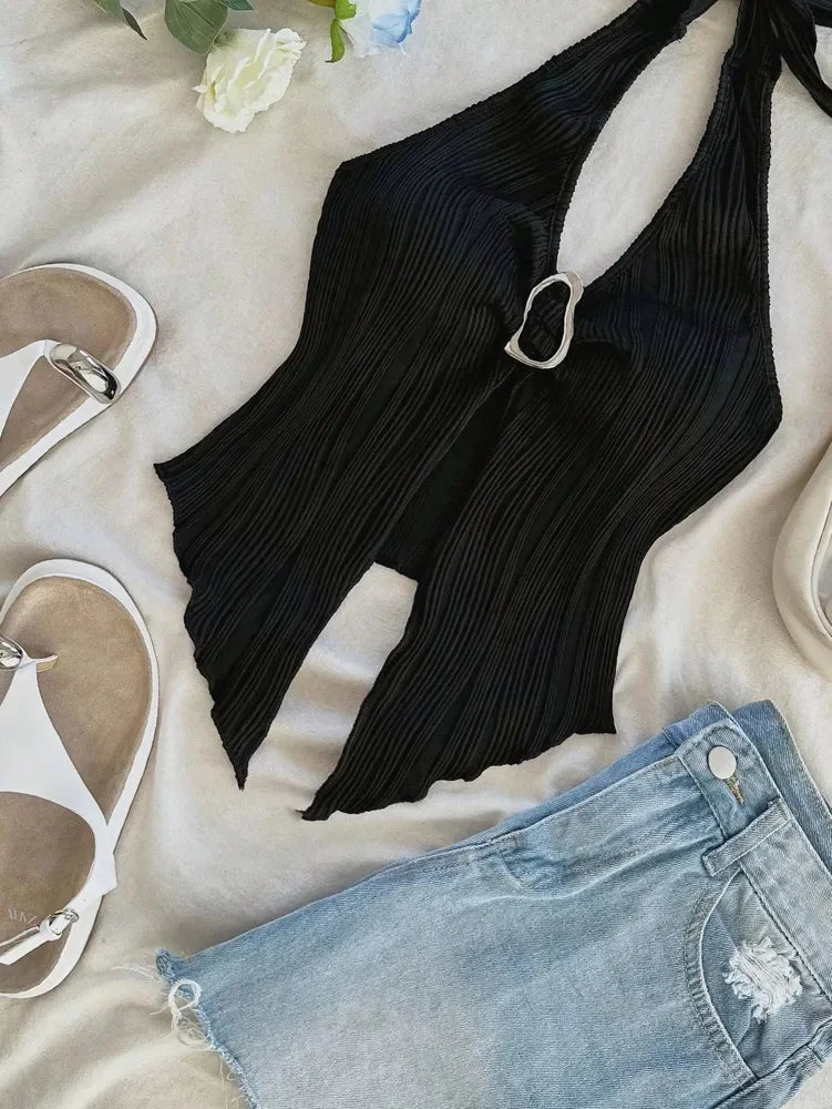 Top corto sexy con cuello en V y cuello halter