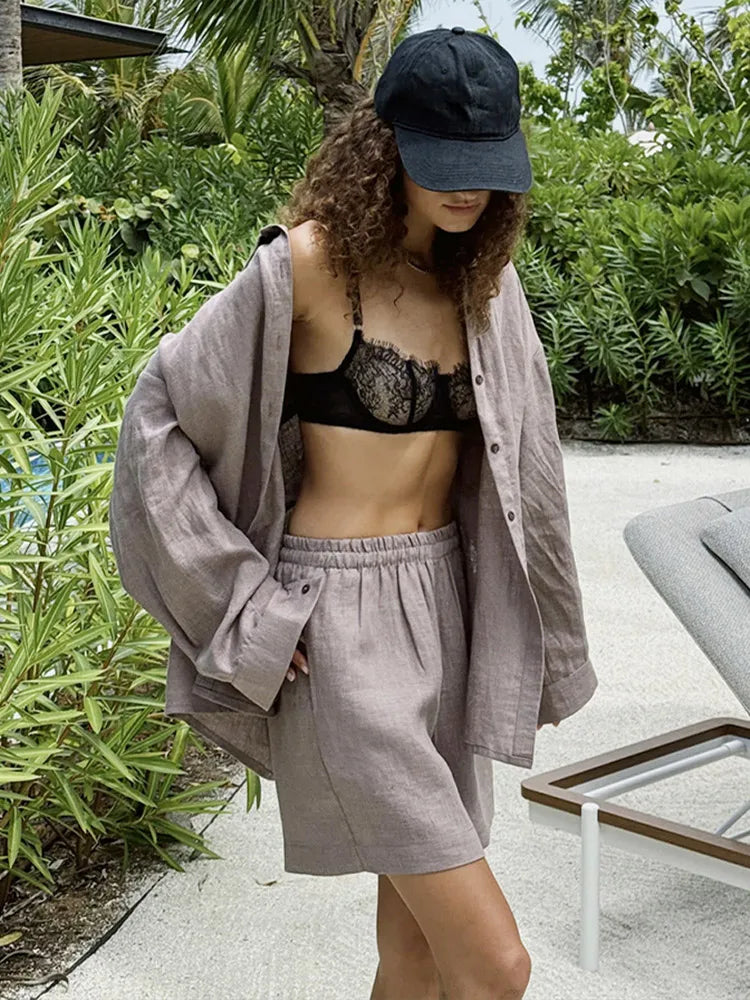 Conjunto de pantalón de lino y algodón liso informal