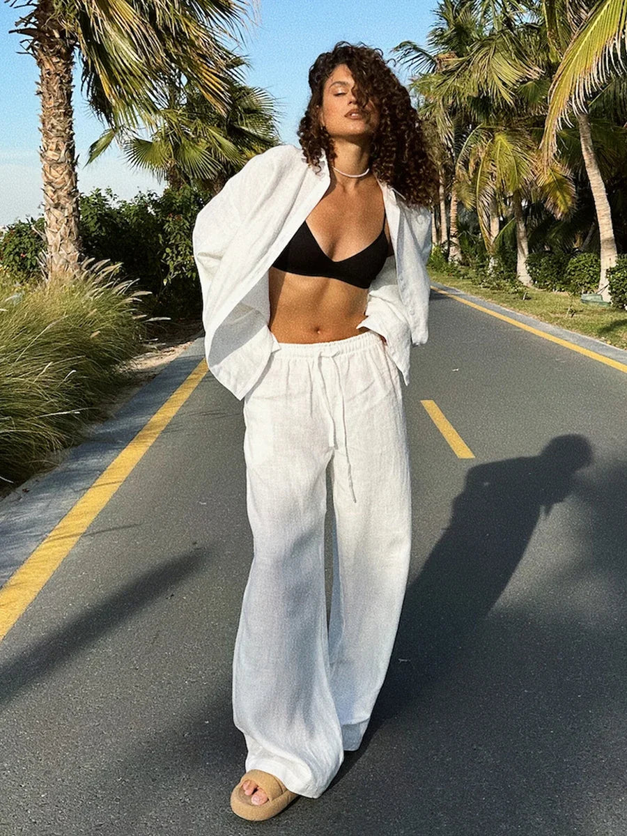 Conjunto de pantalón de lino y algodón liso informal