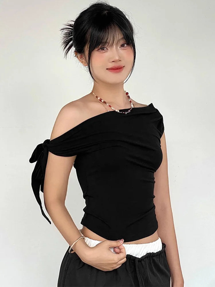 Top corto de verano para mujer, estilo Ins, plisado, de un solo hombro