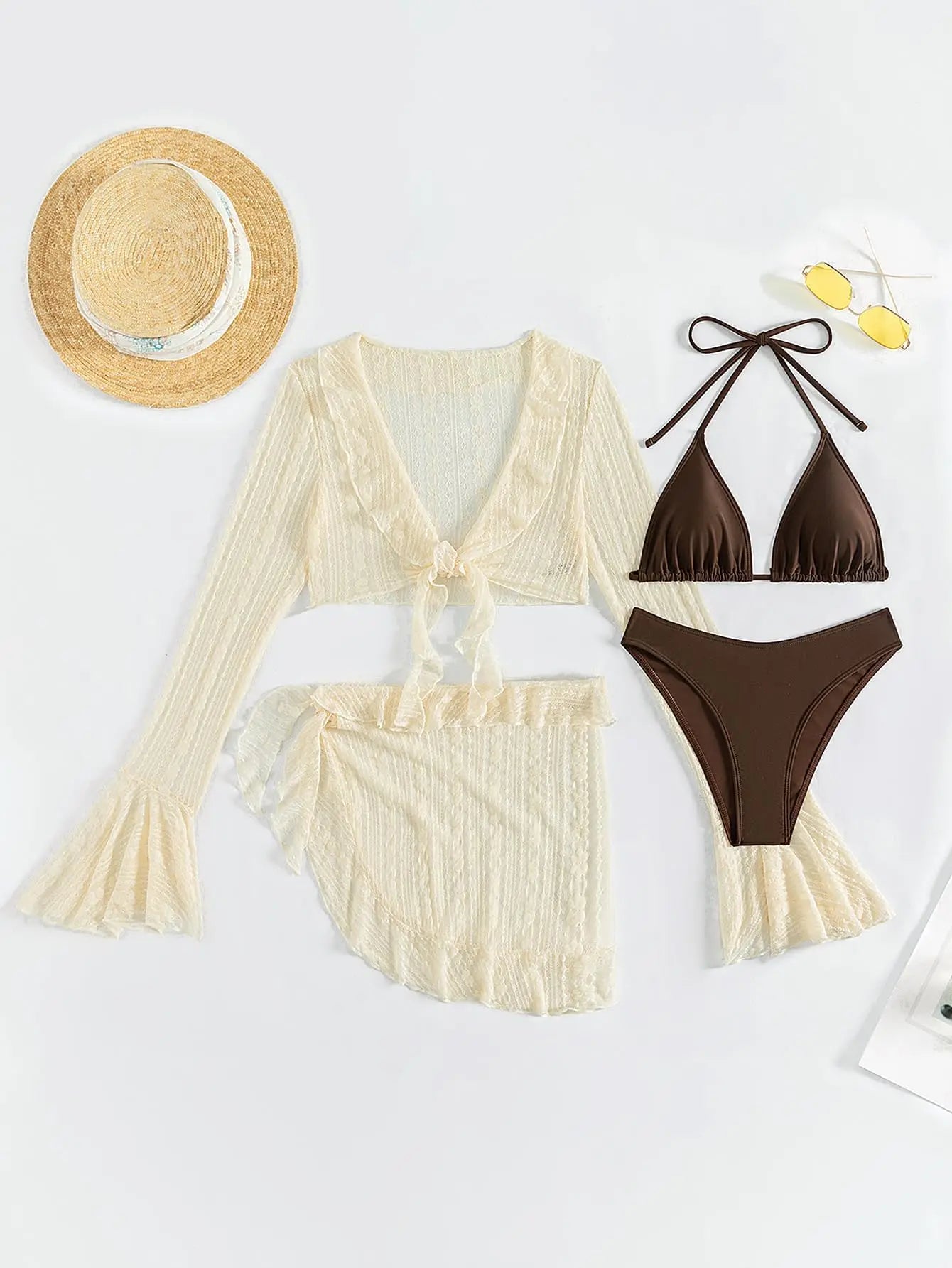 Conjunto de bikini de 4 piezas con cuello halter y triángulo