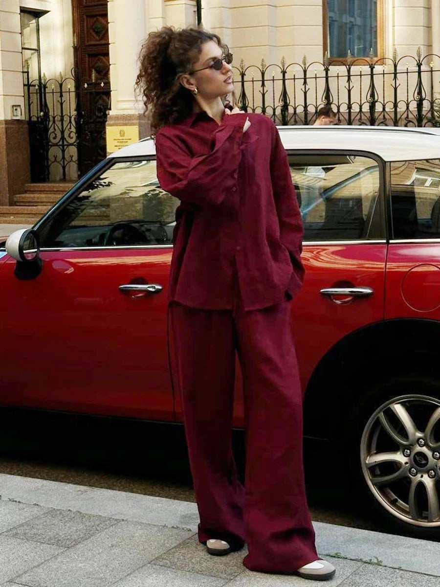 Conjunto de pantalón de lino y algodón liso informal